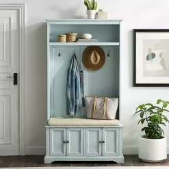 Blue Wood Hall Tree with Cushioned Bench