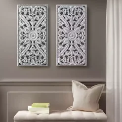 Botanical Wood Carved Panel Wall Plaques, Set of 2