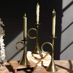 Brass Antique Trumpet Candle Holders, Set of 3