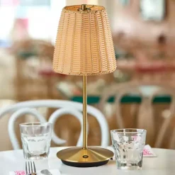 Brass Metal Rattan Shade Cordless Table Lamp