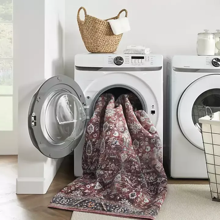 Brick Vintage Floral Washable Area Rug, 5x7