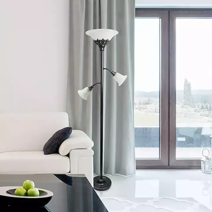 Bronze and White 3-Scallop Glass Floor Lamp