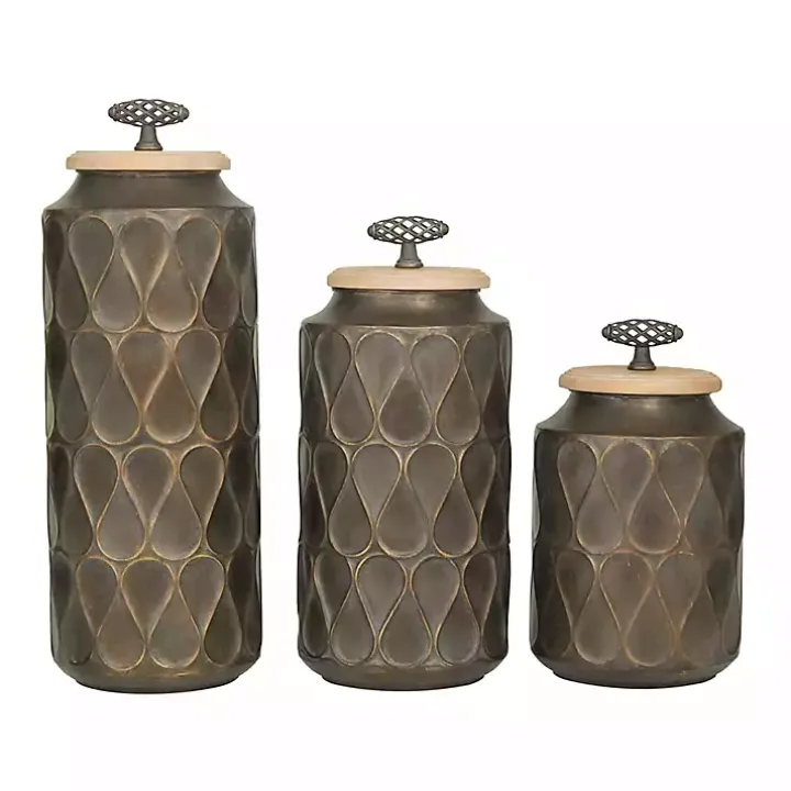 Bronze Metal Lattice Grid Jars, Set of 3