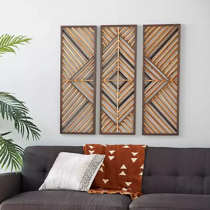 Bronze Tan Wood Geometric Wall Plaques, Set of 3