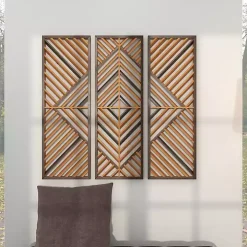 Bronze Tan Wood Geometric Wall Plaques, Set of 3
