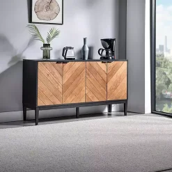 Brown and Black Wood Chevron 4-Door Sideboard