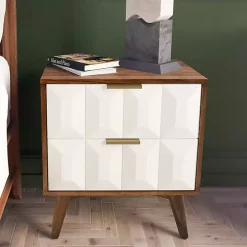 Brown and White Wood 2-Drawer Nightstand