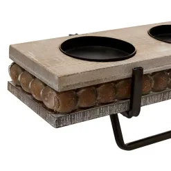 Brown Beaded Wood and Metal Base Candle Holder