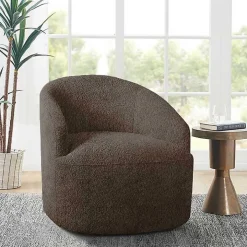 Brown Boucle Barrel Swivel Accent Chair