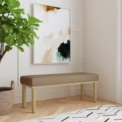 Brown Boucle Upholstered Wood Leg Bench