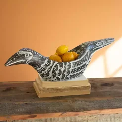 Brown Carved Bird Wood Bowl