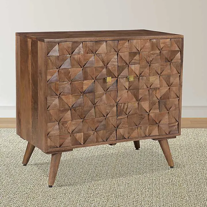 Brown Carved Wood Woven 2-Door Cabinet