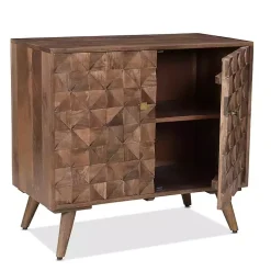 Brown Carved Wood Woven 2-Door Cabinet