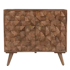 Brown Carved Wood Woven 2-Door Cabinet