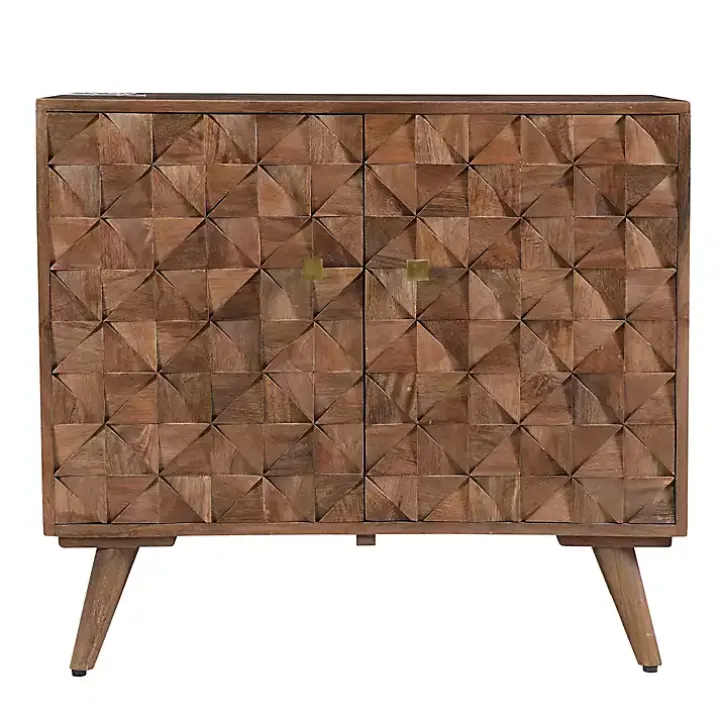 Brown Carved Wood Woven 2-Door Cabinet