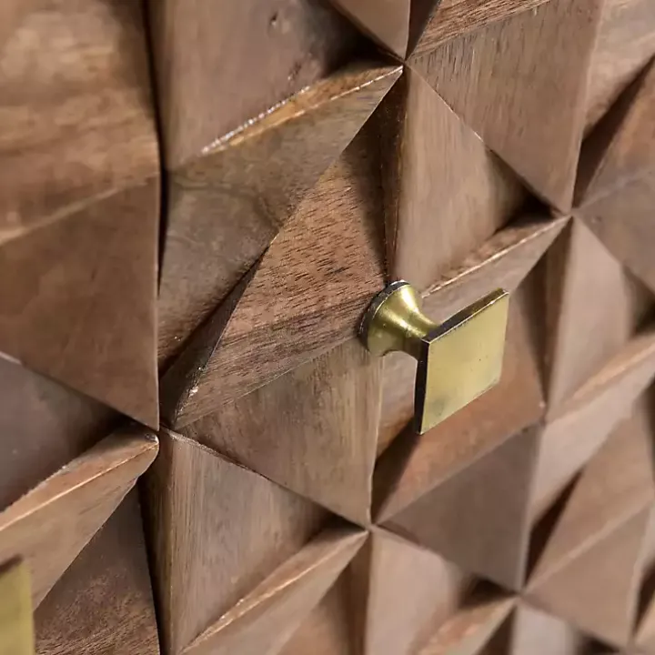 Brown Carved Wood Woven 2-Door Cabinet