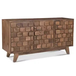 Brown Carved Wood Woven 3-Door Sideboard