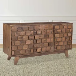 Brown Carved Wood Woven 3-Door Sideboard