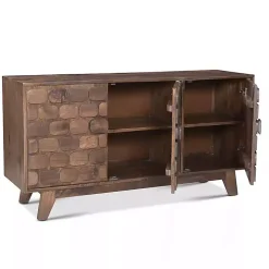 Brown Carved Wood Woven 3-Door Sideboard
