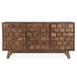 Brown Carved Wood Woven 3-Door Sideboard