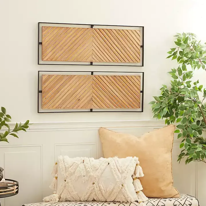 Brown Chevron Wood Wall Plaques, Set of 2