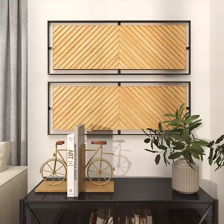 Brown Chevron Wood Wall Plaques, Set of 2