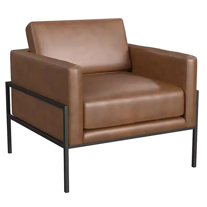 Brown Faux Leather Black Metal Accent Chair