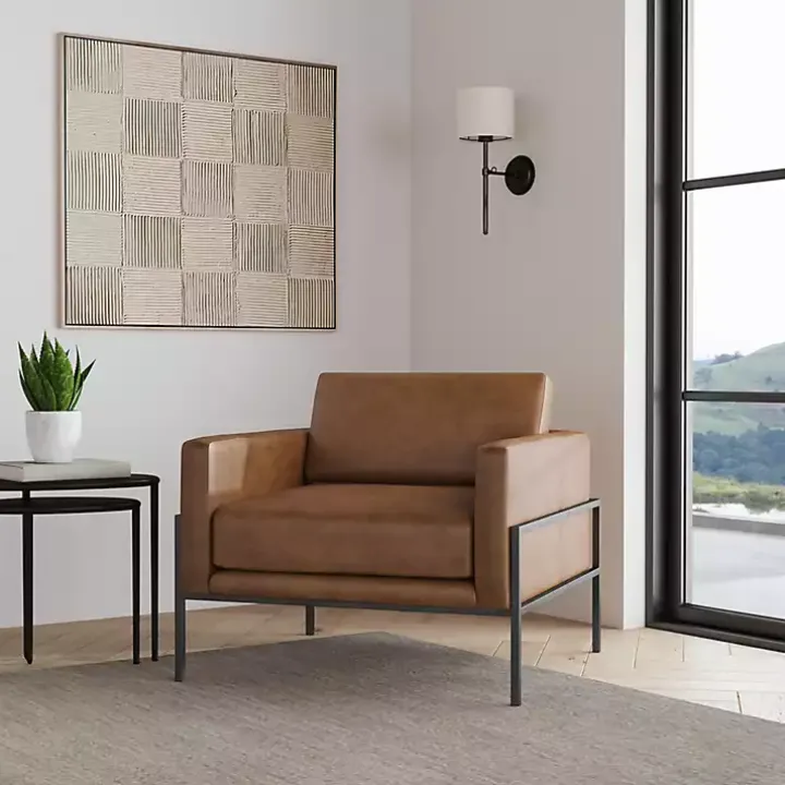 Brown Faux Leather Black Metal Accent Chair