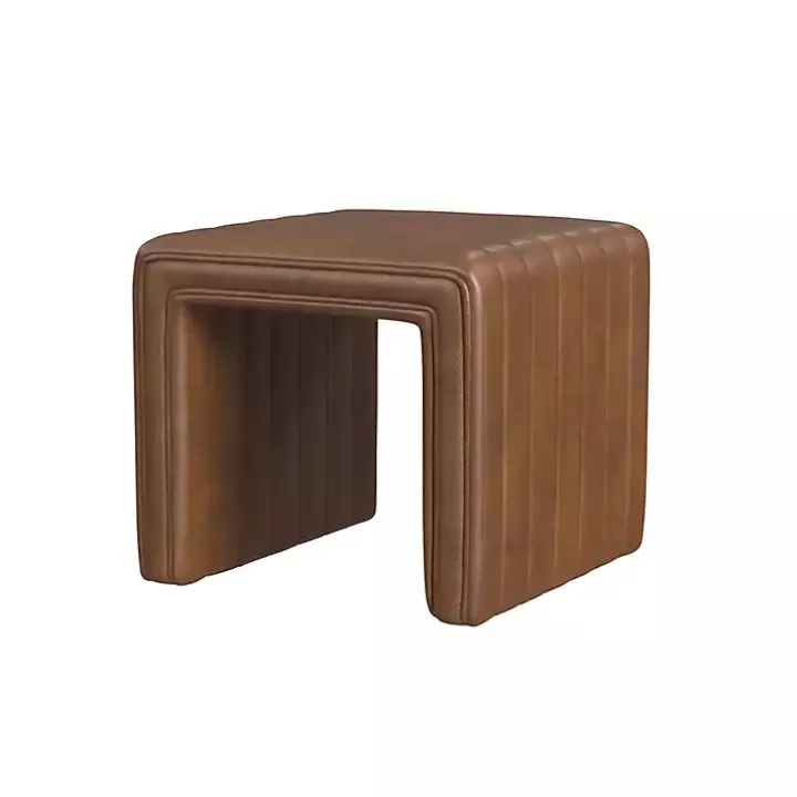 Brown Faux Leather Channeled Upholstered Ottoman