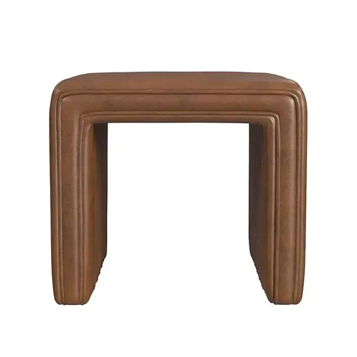 Brown Faux Leather Channeled Upholstered Ottoman