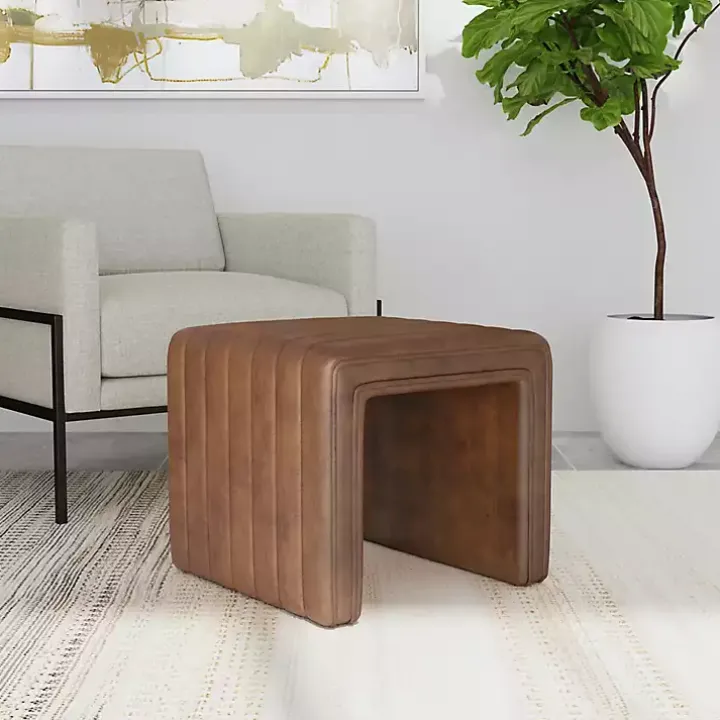 Brown Faux Leather Channeled Upholstered Ottoman