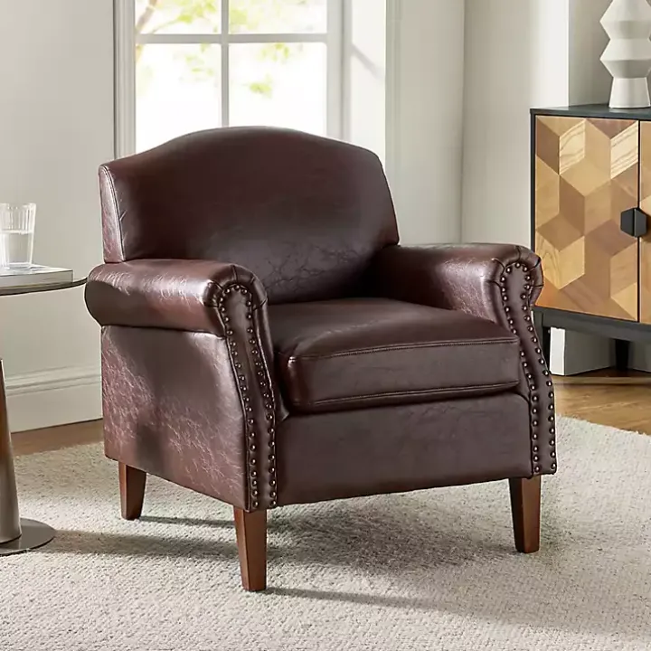 Brown Faux Leather Nailhead Taylor Armchair