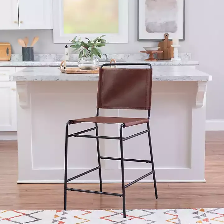 Brown Faux Leather Sling Counter Stool