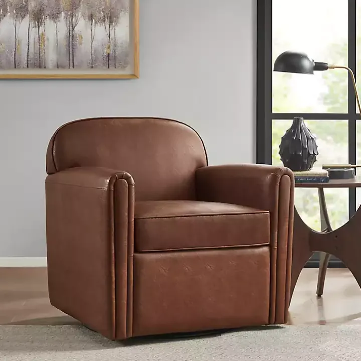 Brown Faux Leather Swivel Club Chair