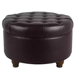 Brown Faux Leather Tufted Round Storage Ottoman