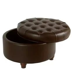 Brown Faux Leather Tufted Round Storage Ottoman