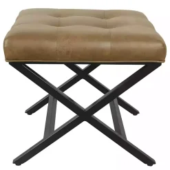 Brown Faux Leather Tufted X-Frame Bench