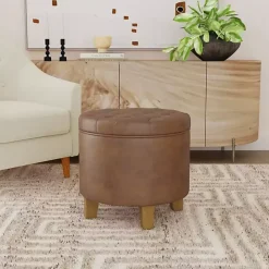 Brown Faux Leather Tufted Storage Ottoman
