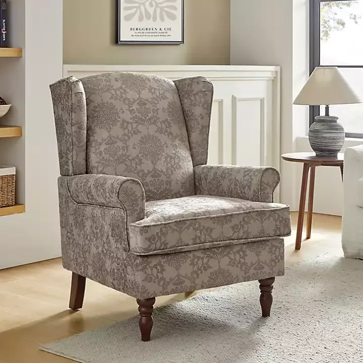 Brown Floral Brocade Wingback Ella Armchair