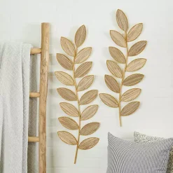 Brown Metal and Reed Leaf Wall Plaques, Set of 2