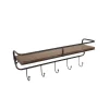 Brown Metal Frame Wood Wall Shelf with Hooks