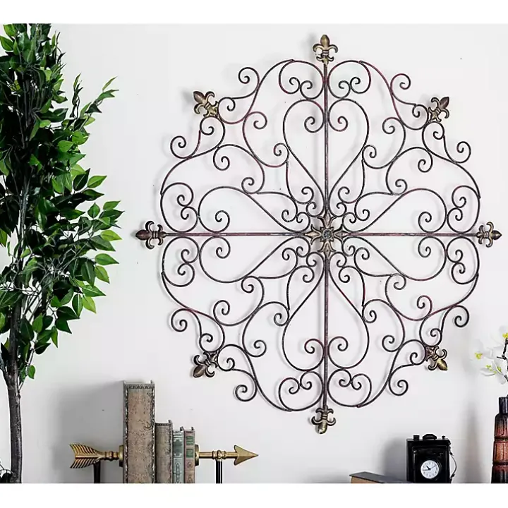 Brown Patina Metal Floral Crest Wall Plaque