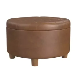 Brown Round Faux Leather Tufted Storage Ottoman