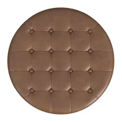 Brown Round Faux Leather Tufted Storage Ottoman