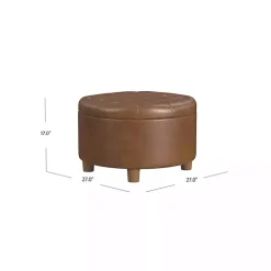 Brown Round Faux Leather Tufted Storage Ottoman