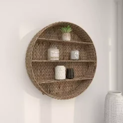 Brown Sea Grass Woven Round Wall Shelf