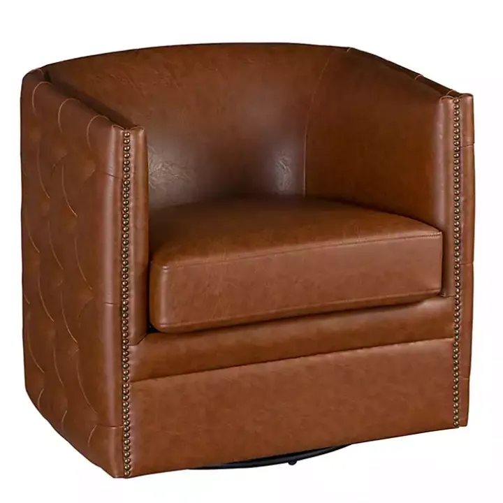 Brown Tufted Faux Leather Barrel Swivel Chair