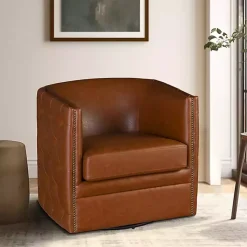 Brown Tufted Faux Leather Barrel Swivel Chair