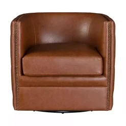 Brown Tufted Faux Leather Barrel Swivel Chair