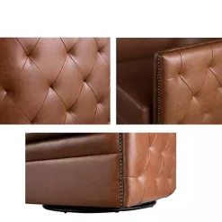 Brown Tufted Faux Leather Barrel Swivel Chair
